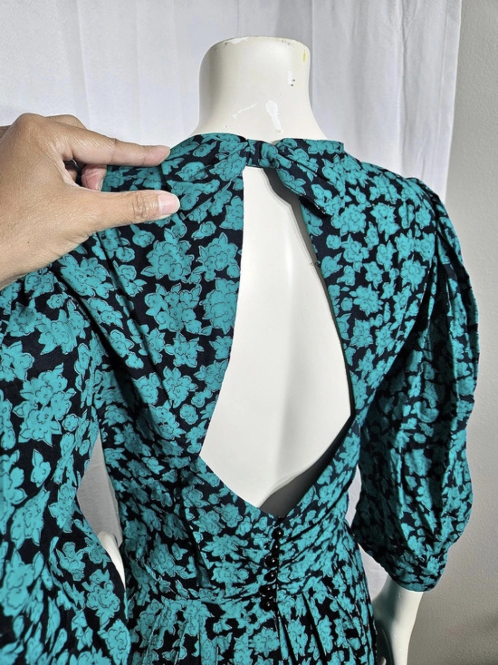Vintage 80s Jenz Originals Teal Floral Puff Sleeve Maxi Dress Size 8